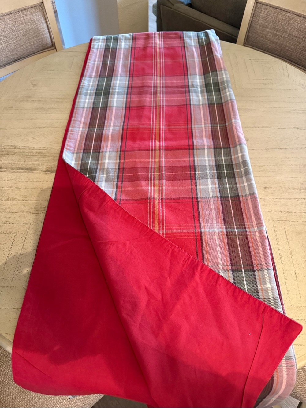 Pottery Barn Stewart Red Plaid Cotton extra long table runner never used
